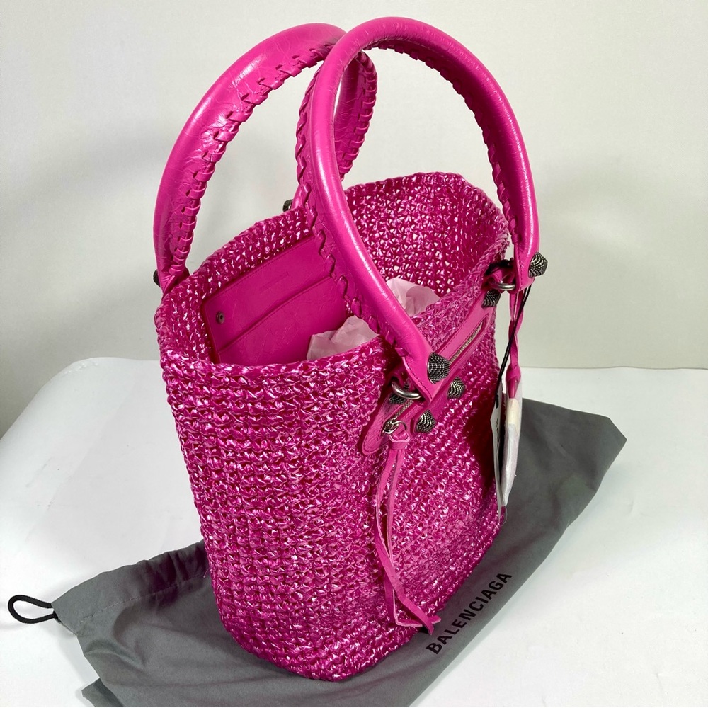 Balenciaga Small Le Cagole Nylon Raffia Tote Pink NWT Summer Resort Party - Picture 10 of 17